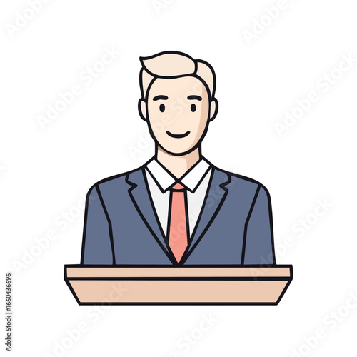 An illustration of a man giving a speech or presentation at a podium. The man appears confident and well-dressed