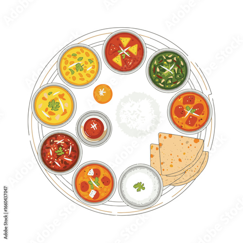 Colorful Indian Thali platter with various dishes, rice, and roti.