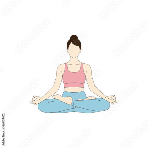 Woman meditating in a peaceful yoga pose, legs crossed, hands in gyan mudra.
