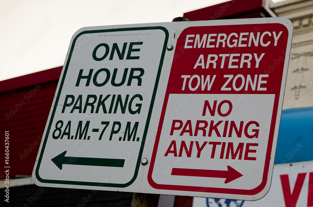 Obraz premium Outdoor parking signs on single post, one for limited time parking and the other for emergency artery tow zone with no parking anytime, clear and directive instructions