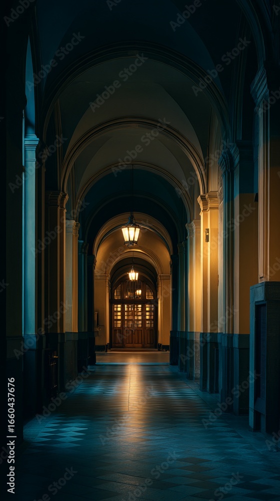 Fototapeta premium Mysterious architectural corridor with arched ceilings and warm lighting, leading to an ornate wooden door at the end, creating a sense of depth and intrigue in a historic building