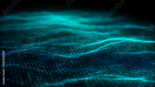 Music color wave of particles and lines. Big data visualization. Abstract blue background with a dynamic wave. 3d rendering.