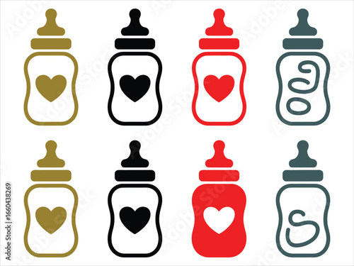 Baby bottles with hearts and swirls feeding milk