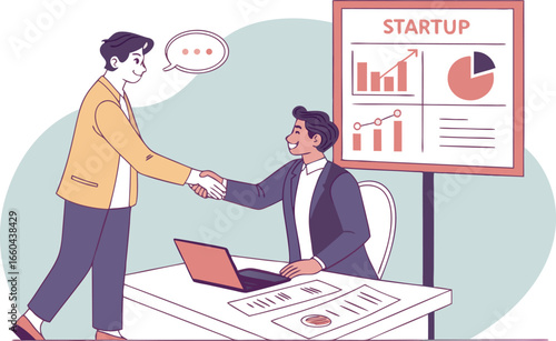 Two businessmen in suits shaking hands in a modern office to signify a successful meeting and a new concept of teamwork