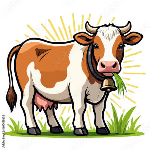 A cartoon cow with a bell around its neck eating grass