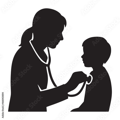 Doctor Checking Child Patient Silhouette Vector Illustration
