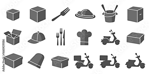 Silhouette Icons Set of Food delivery and kitchen tool icons with takeout boxes, food trays, chef hats, forks, and delivery scooters