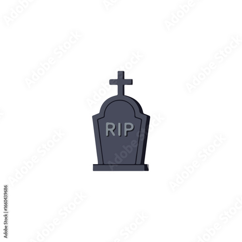 Flattened illustration of a dark gray tombstone with a cross and RIP inscription.