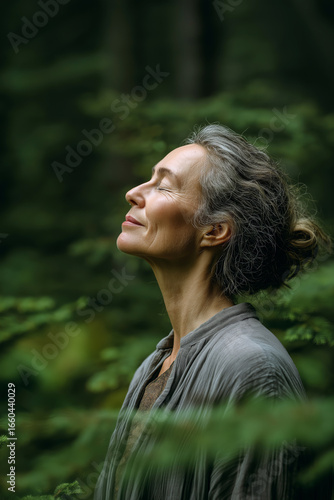 Midlife woman standing in forest, eyes closed, breathing deeply, surrounded by green nature, mindfulness and wellness theme