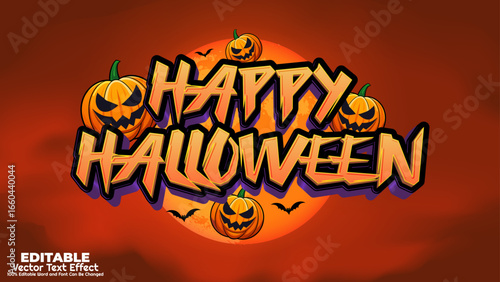 Happy halloween 3d editable vector text effect. Spooky pumpkin, scary, ghost, and mystic halloween typography design. 