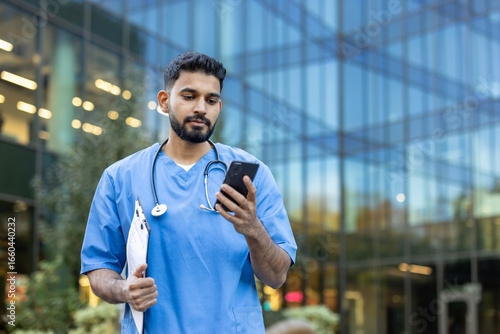 Foto Healthcare worker checking phone while outside a modern building