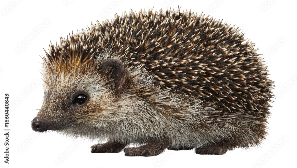 Fototapeta premium Small hedgehog with sharp quills, profile view, isolated on black