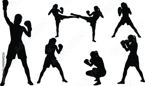PrintMartial arts and boxing silhouettes showing diverse poses including punching, kicking, and defensive stances for combat training vector illustration design