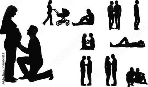 PrintSilhouettes of couples in emotional poses including pregnancy, parenting, sitting, standing, and lying for relationship, lifestyle, and family vector themes