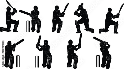 PrintSilhouettes of cricket batsmen in diverse batting stances with helmets and pads, performing various shots at the crease for vector illustration
