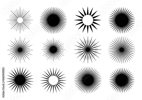 Collection of 12 Black and White Sunburst and Starburst Graphic Elements