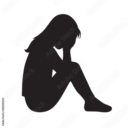 Sad Girl Silhouette Sitting Alone – Depressed Woman Vector Illustration