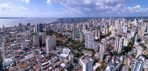 Beautiful aerial view of the city of Belém with the Amazon River in the background. Headquarters of the UN Climate Change Conference Cop30, Pará, Brazil. Concepts include environment, ecology, nature.