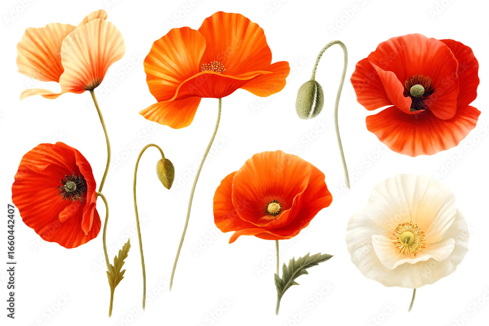 Naklejka premium Collection of Red and White Poppies with Buds on flowers red poppies isolated on a transparent background