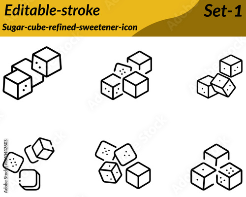 Sugar-cube-refined-sweetener icon character in vector style, symbolizing sweetness and food ingredients. Designed with stacked sugar cubes granulated particles and clean geometric lines to  visuals.