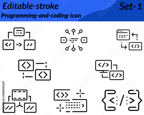Programming-and-coding icon character in vector style. featuring symbols like laptops desktop monitors with code snippets, brackets tags binary digits and gear settings. Designed with clean lines. 