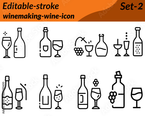Winemaking icon character in vector style, featuring grapes, wine bottles barrels and glasses to symbolize the craft of viticulture. Designed with clean lines elegant detailing, it reflects tradition.