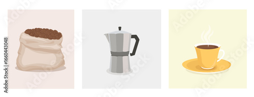 Coffee Set with Beans, Moka Pot and Cup — Minimal Vector Design