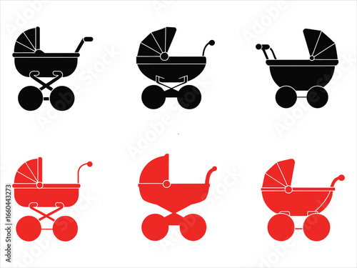 Black red baby carriage icons stroller pram