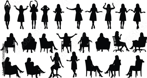 PrintSilhouettes of women in standing and seated poses with varied gestures, arm and leg positions for lifestyle, posture, and activity vector themes