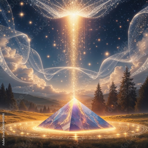 Fantasy scene with a crystal pyramide made of amethyst, emanating light that flows to the sky. Spiritual enlightment and activation concept