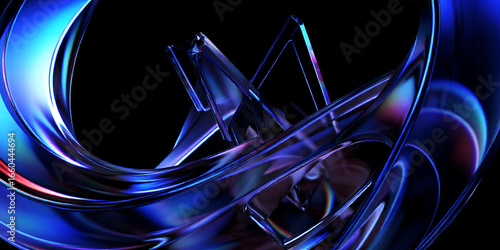 Abstract rendering of iridescent glass shapes against a dark black background space