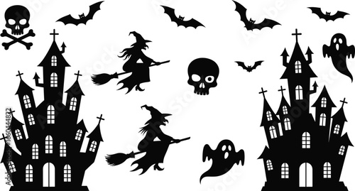 Halloween haunted house silhouette, witch flying broomstick, ghost, bat, skull, spooky castle, horror clipart, black vector illustration