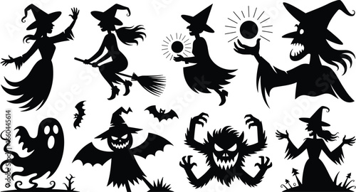 Halloween witches and ghosts silhouettes, spooky scary witches flying on broomsticks, dark magic, haunted ghost shapes, creepy bats and monsters, black silhouette Halloween characters