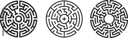 Three circular mazes with different designs black and white illustration for puzzles and challenges