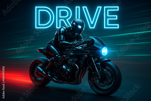Futuristic robot biker on a high-tech motorcycle, with glowing 'drive' text and motion blur, representing speed, technology, and futuristic concepts