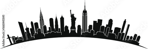 New York City skyline silhouette with Statue of Liberty and iconic skyscrapers, black vector cityscape illustration