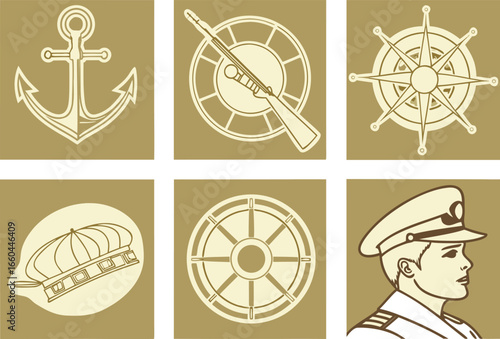 Vector art of a set of nautical icons featuring an anchor, ship wheel, captains hat, and an officers head