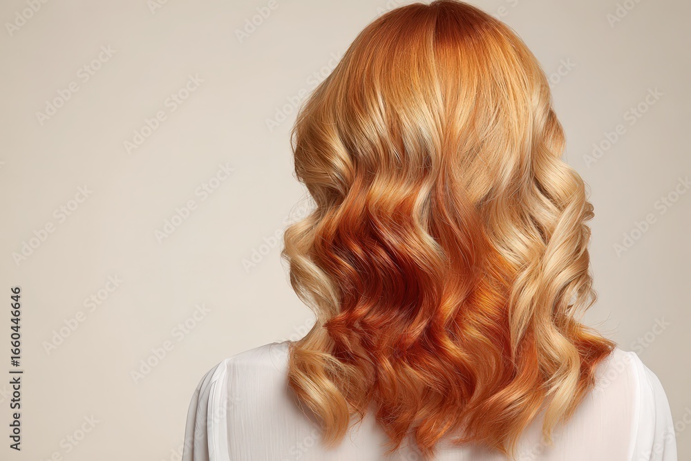 Fototapeta premium A woman's back view showcases beautifully styled, vibrant auburn and blonde highlights against a neutral backdrop.