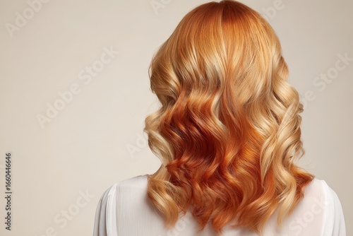 A woman's back view showcases beautifully styled, vibrant auburn and blonde highlights against a neutral backdrop.