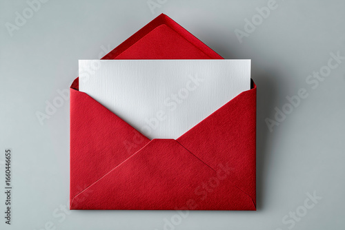 A red envelope sits elegantly on a gray background, with a blank white letter peeking out, perfect for invitations or personal messages.