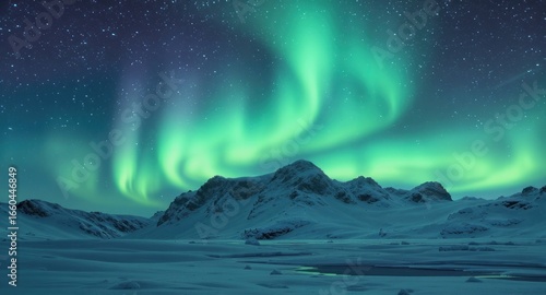 Aurora dances over snowy mountains under a starry sky, ethereal glow