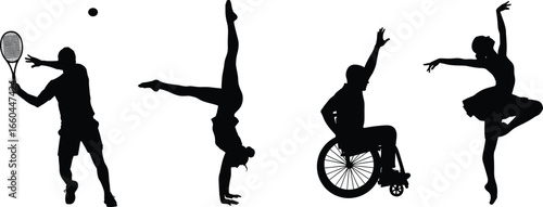 Silhouettes of diverse athletes in motion, tennis player, gymnast, wheelchair sports, ballet dancer, dynamic fitness, inclusive sports concept illustration.