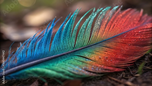 Vibrant, colorful feather with dew drops rests on forest floor, evoking nature's delicate beauty