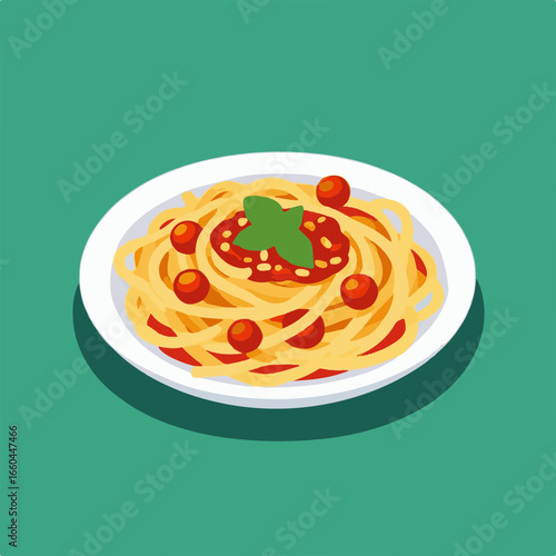 Spaghetti and tomato. A plate of pasta with sauce and basil. Italian flat-style food.