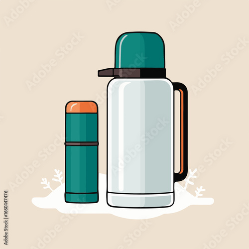 A camping thermos and a mug-cap — vector illustration on a beige background
