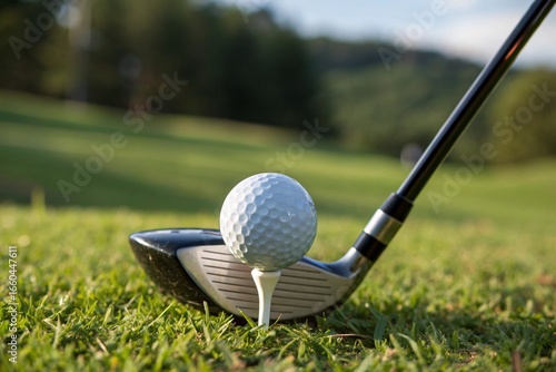 A golf ball is resting on a golf club's tee