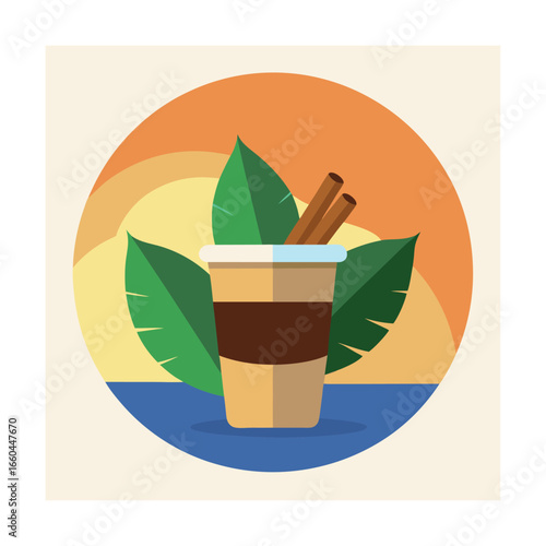 Coffee Cup with Cinnamon Sticks and Leaves drink beverage