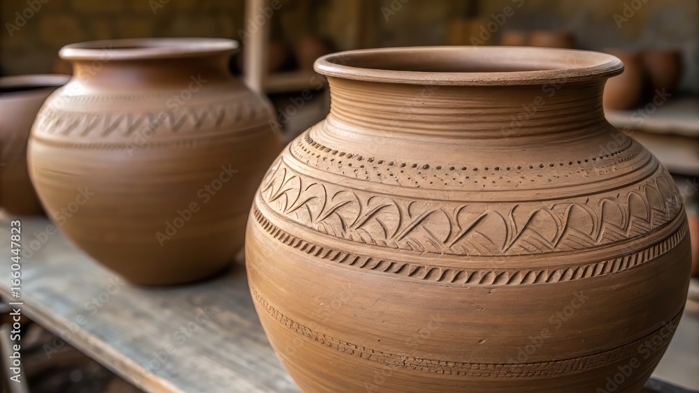 Discover artisanal clay pots with intricate carved patterns, showcasing traditional craftsmanship and rustic charm. Discover artisanal clay pots with intricate carved patterns, showcasing traditional craftsmanship and rustic charm.