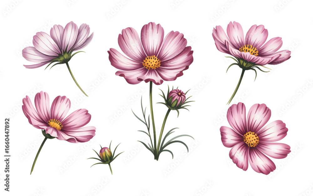 Fototapeta premium Pink cosmos flowers with soft watercolor petals and green stems. Watercolor floral collection of blooming cosmos flowers in pastel tones.