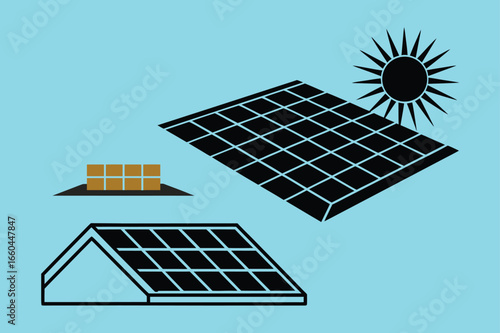 Solar Panel Farm Silhouette with Shining Sun for Renewable Energy Design